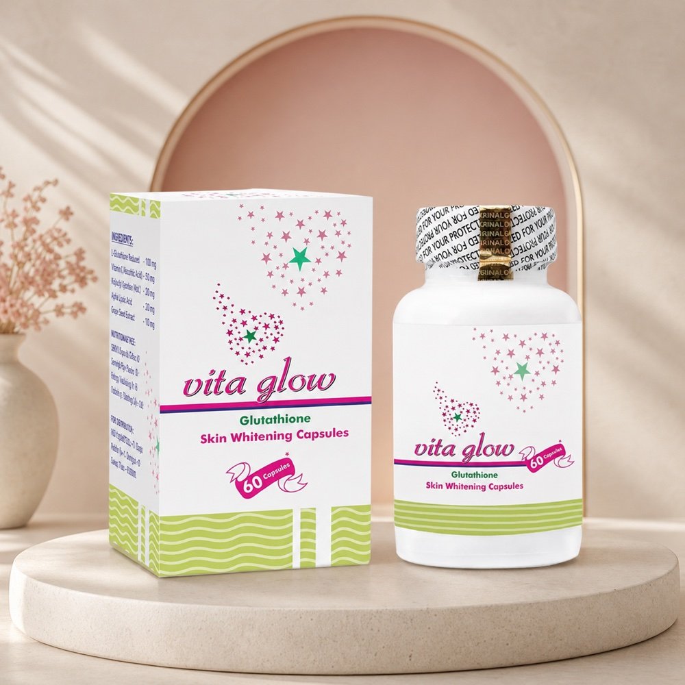 Vita Glow Glutathione Skin Whitening Capsules bottle and carton in a warm studio setting